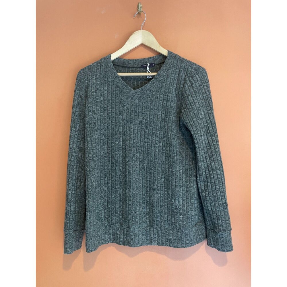 Women’s Small Gray Ribbed V Neck Long Sleeve Lightweight Knit Pullover Top